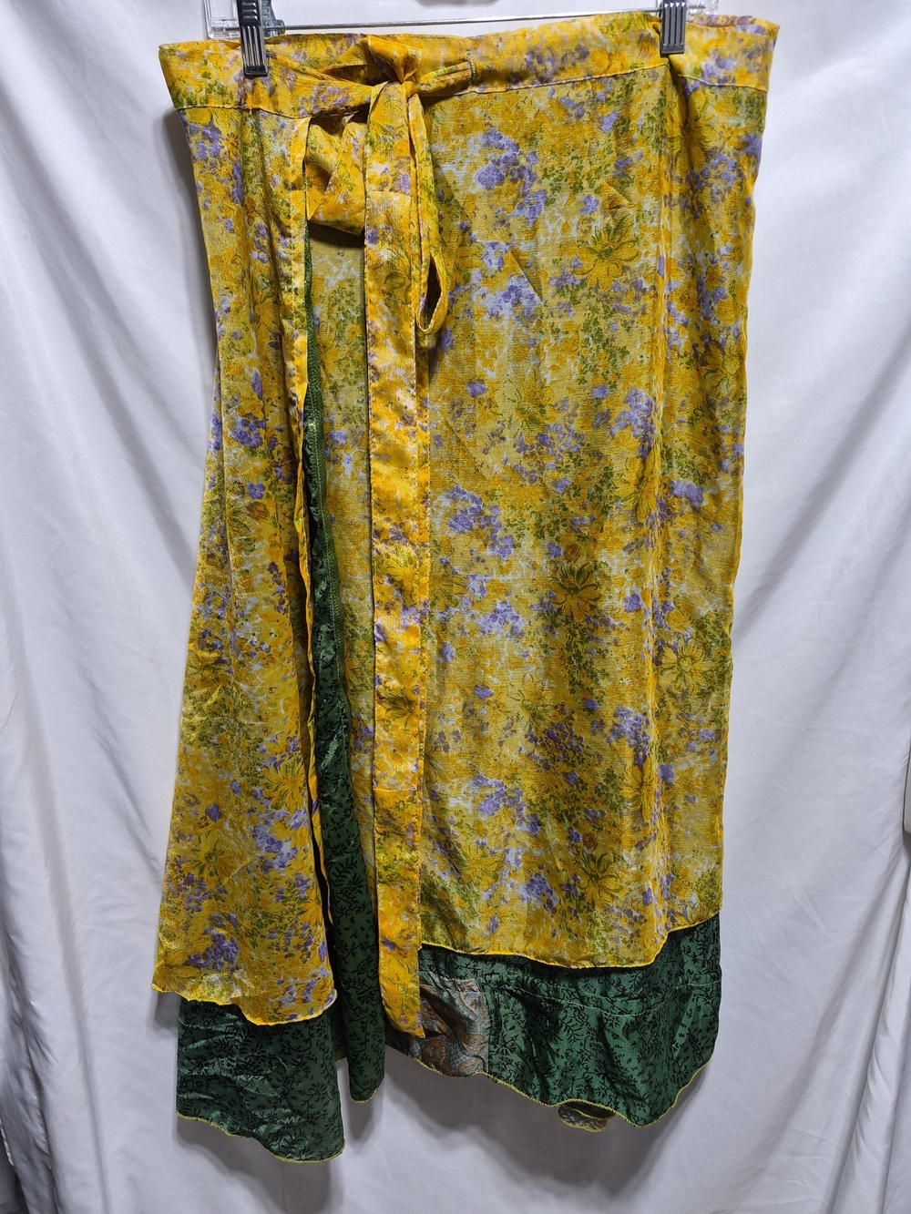 WEVEZ Silk Wrap Maxi Skirt XL Floral Boho Mixed Print Yellow Green